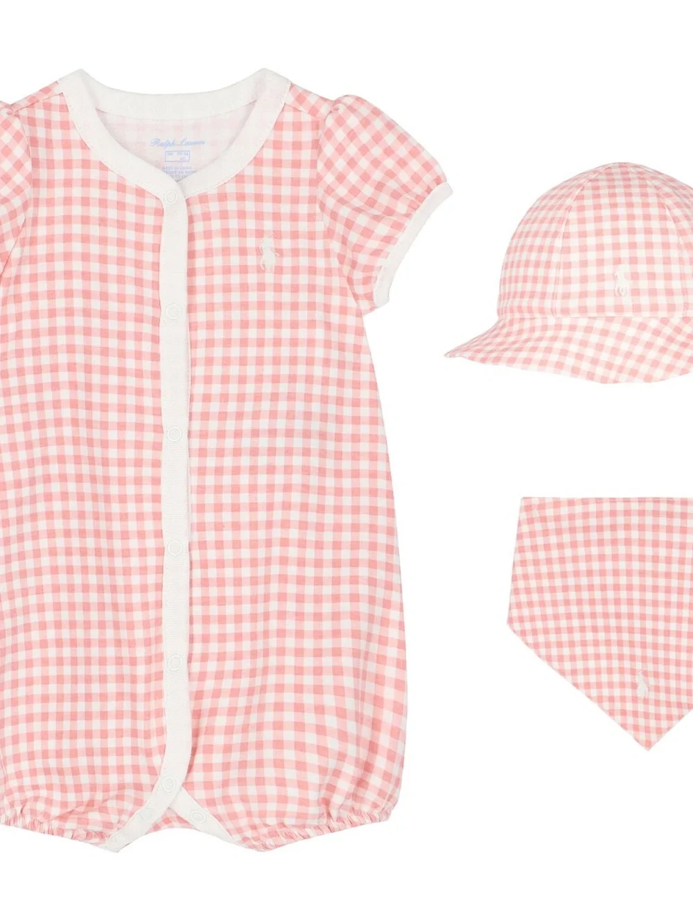 Ralph Lauren Pink Gingham Baby One-Piece with Hat & Bandana Set